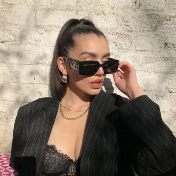 Gucci GG0811S 001 Sunglasses Black Rectangle Frame, Grey Lenses main image 8